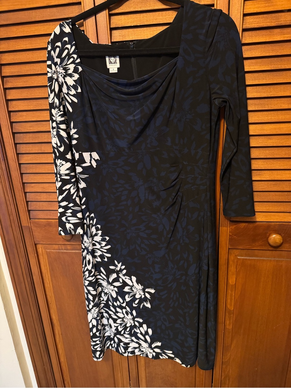 Anne Klein Navy and White Floral Draped Neck Long Sleeve Dress